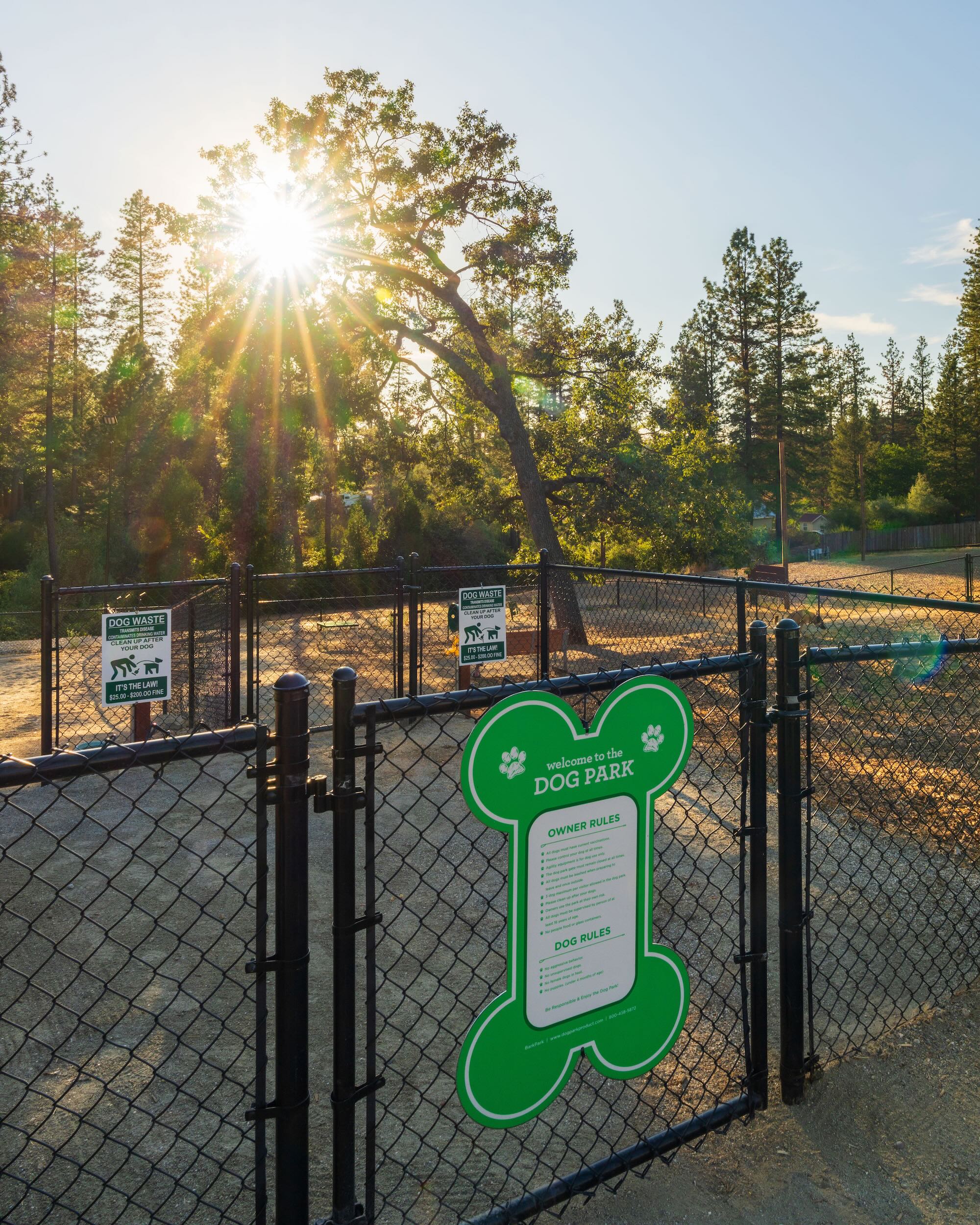 Dog park and pet-friendly area at Grass Valley RV Resort