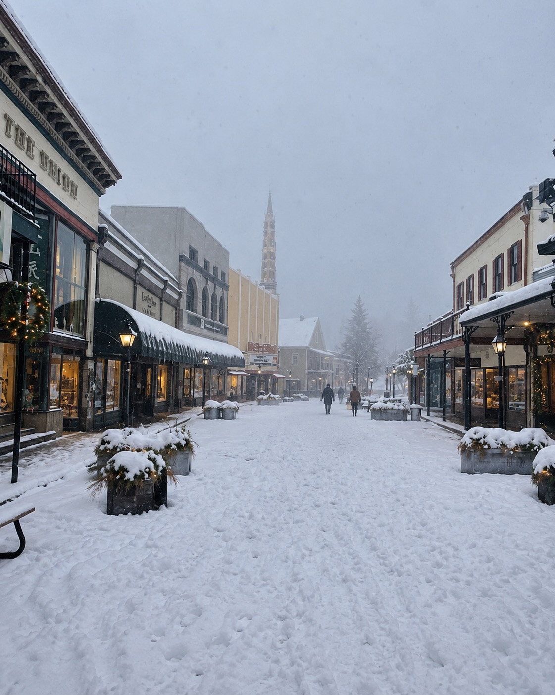 Snow-covered historic storefronts in downtown Grass Valley
