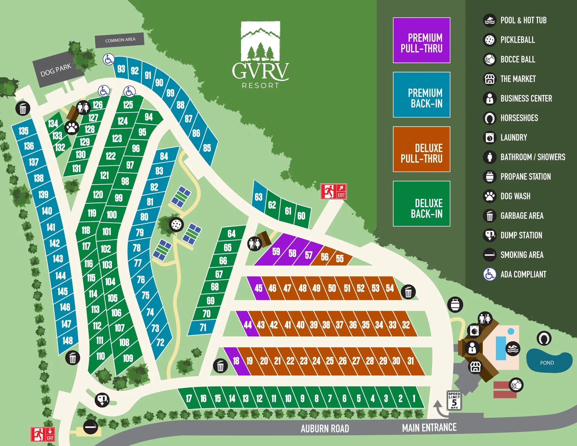 Resort map showing site layout and amenities at Grass Valley RV Resort