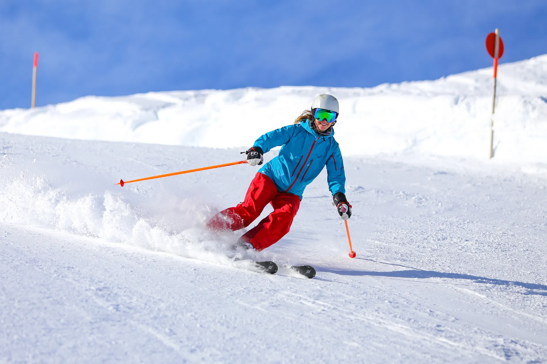 Skier on a groomed run in the Sierra Nevada near Lake Tahoe