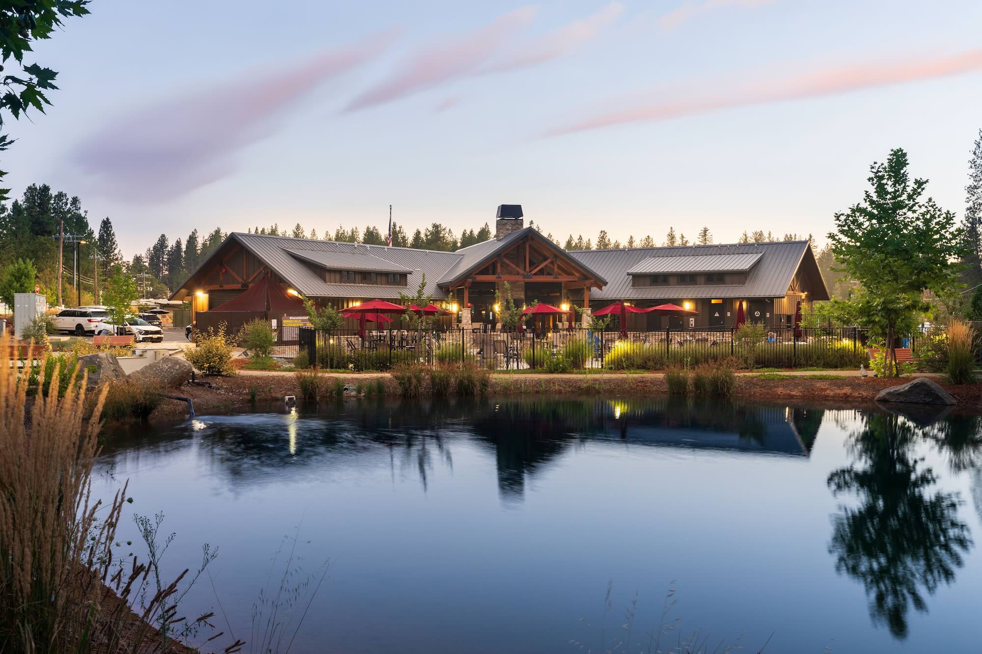 Rustic-modern interior of the lodge at Grass Valley RV Resort