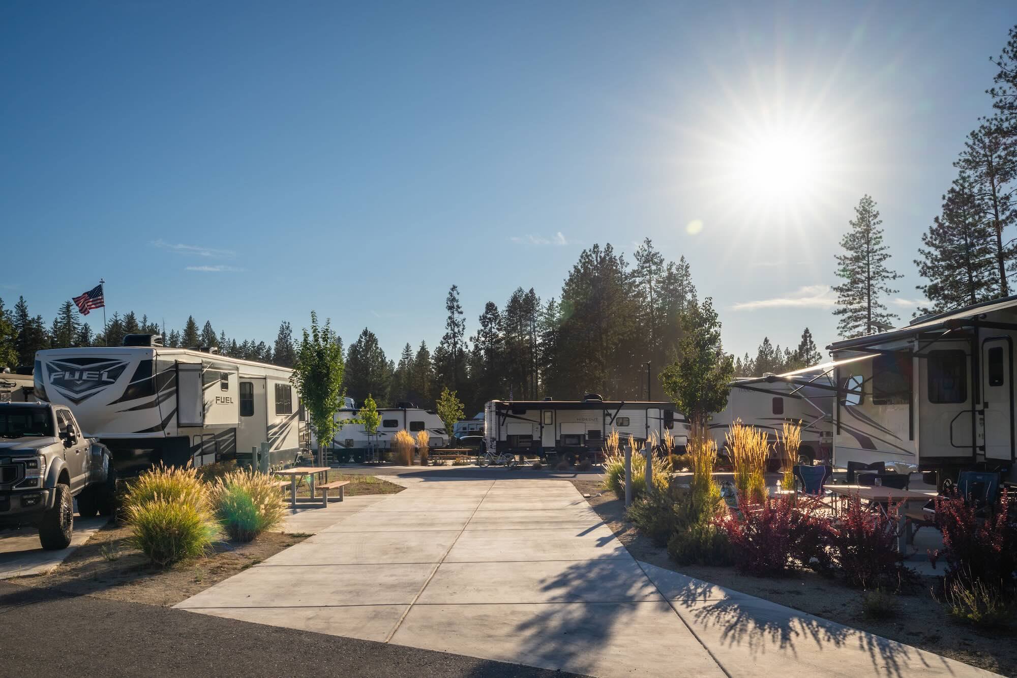 Grass Valley RV Resort fully paved sites with pine trees