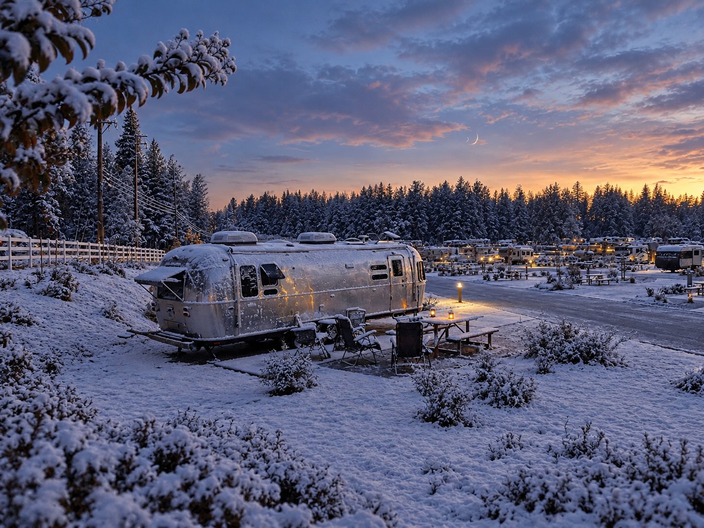 A snow-covered Airstream at Grass Valley RV Resort at twilight