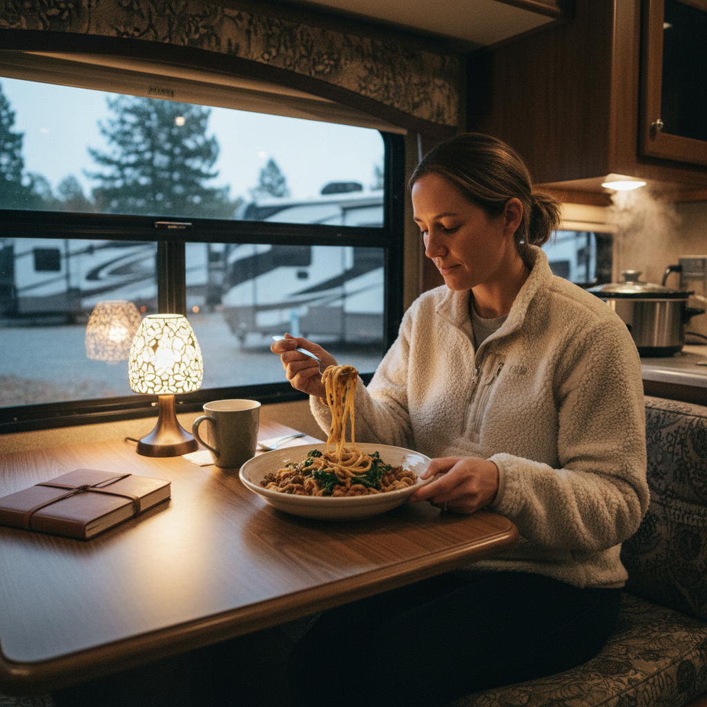 RV traveler eating a bowl of one-pot pasta at an RV dinette table on a cold evening