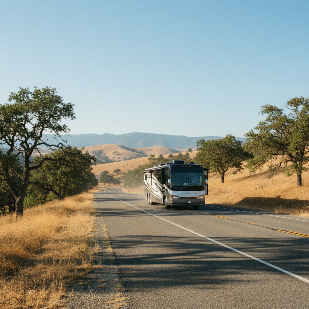 Motorcoach driving north on Highway 49 through the foothills toward Grass Valley